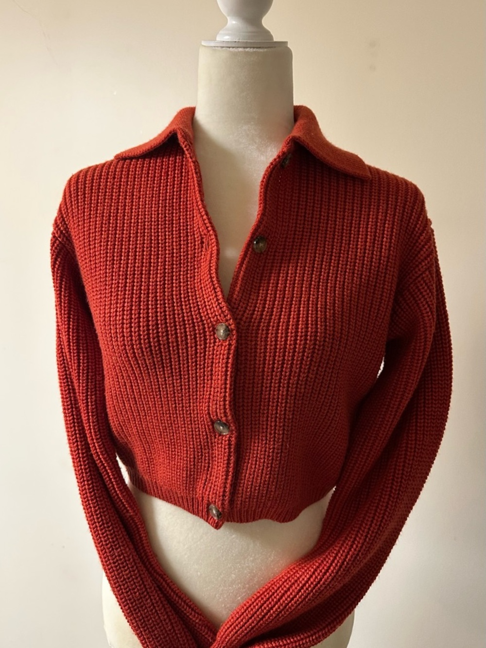 Aritzia Wilfred Cropped Button-Front Ribbed Cardigan in Rust Orange